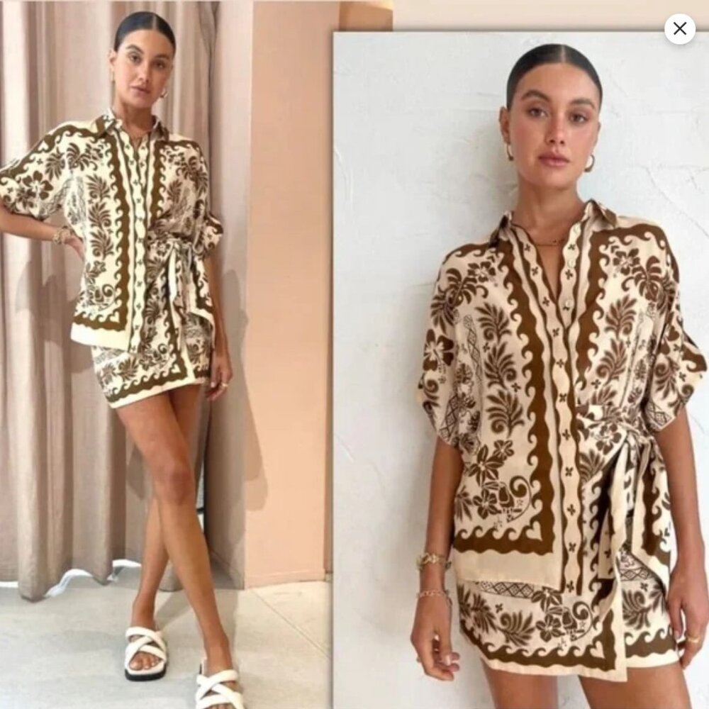 ALEMAIS tropic shirt and skirt choc / cream, size 6 US, like new.